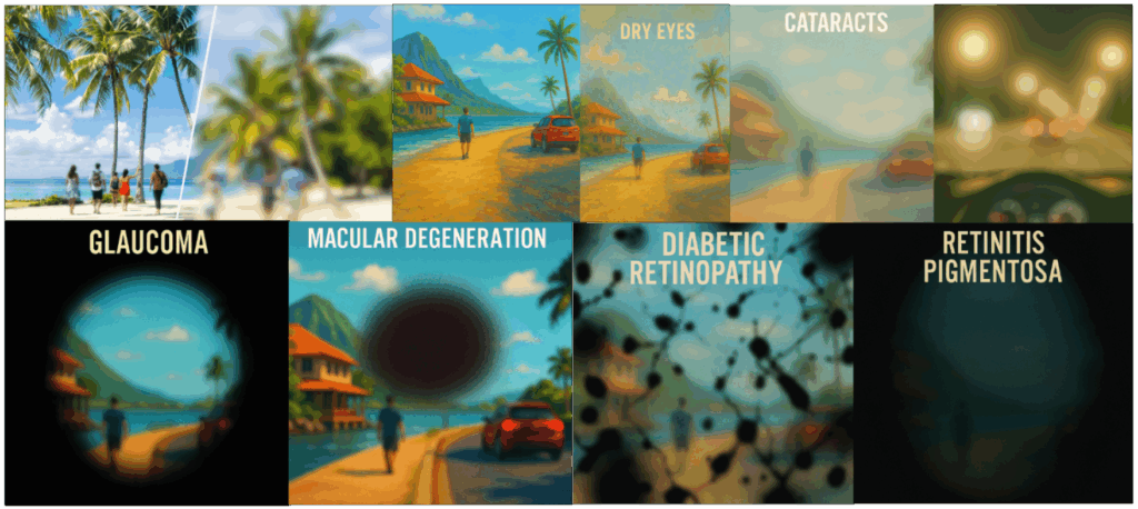 Series of demonstration images showing how common eye conditions affect vision.
Top row, left to right (5 pictures):
• Split image of palm trees and a beach boardwalk with four people; left side clear, right side extremely blurry with unrecognizable trees and figures.
• AI-generated base picture: man in shorts walking on an unpaved road under a turquoise sky; water, house, and mountains on the left; red jeep on darkened sand with two palm trees on the right.
• “Dry Eyes” – faded pale blue sky, person indistinct, palm trees and mountains blurred.
• “Cataracts” – scene clouded; house is a brown blur, person looks like a stick, vehicle unrecognizable.
• “Cataracts at Night” – headlights show halos and starbursts, typical of glare at night.
Bottom row, left to right (4 pictures):
• “Glaucoma” – vision like looking through a tunnel; only partial house, middle of mountain, one palm tree, part of car, and walking figure visible.
• “Macular Degeneration” – central vision blacked out, leaving only house, mountain, and vehicle visible in the periphery; top of mountain and person’s head missing.
• “Diabetic Retinopathy” – blurred scene with dark splotches and cobweb-like floaters blocking parts of the image.
• “Retinitis Pigmentosa” – combines tunnel vision of glaucoma with a dark, unrecognizable central area.